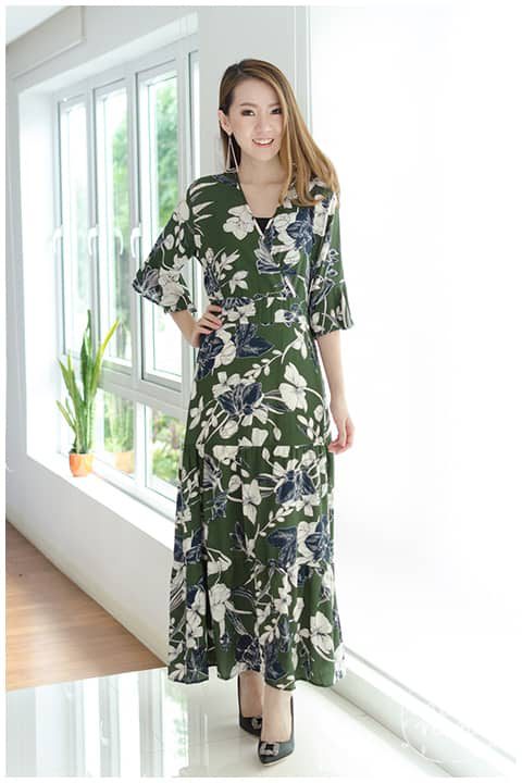 ND042 Floral Ruffle Maxi Dress – Military Green