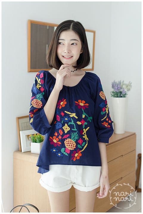 NT544 Pineapple Summer Blouse – Navy