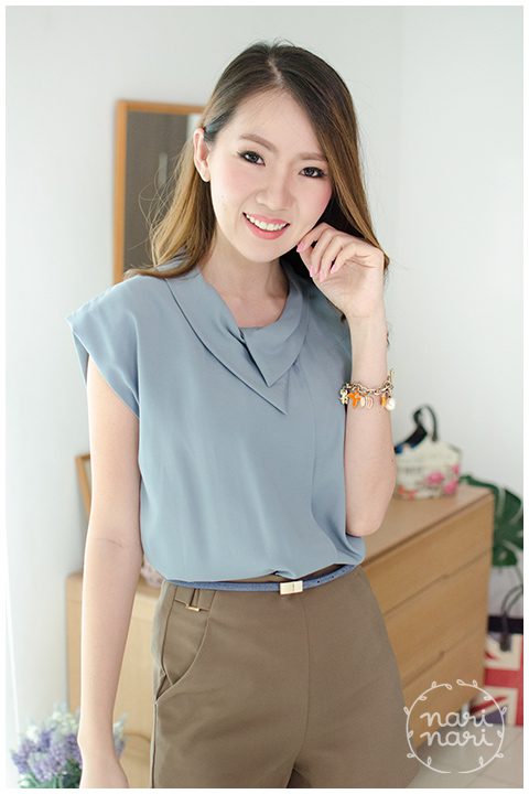 NT603 Overlap Collar Blouse – Faded Blue