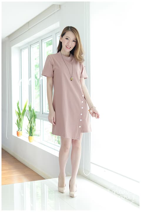 ND069 Sided Button Dress – Nude - Image 3
