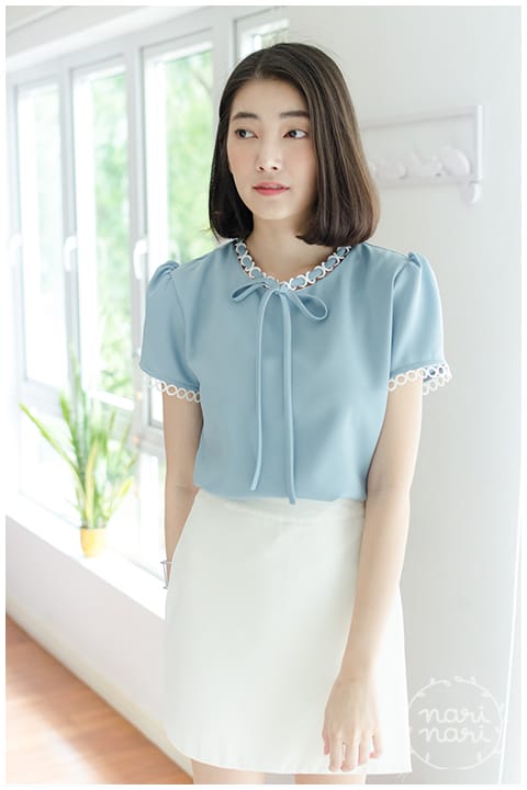 NT852 Ring Collar Blouse – Blue - Image 9