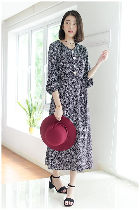 ND098 Button Floral Maxi Dress – Black