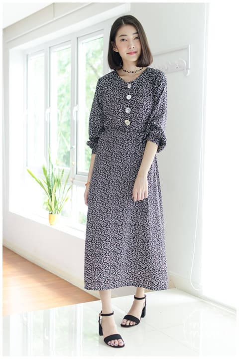 ND098 Button Floral Maxi Dress – Black - Image 3