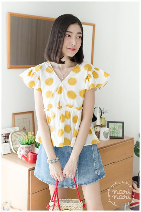 NT1051 Polka Dot Split Back Blouse – Yellow