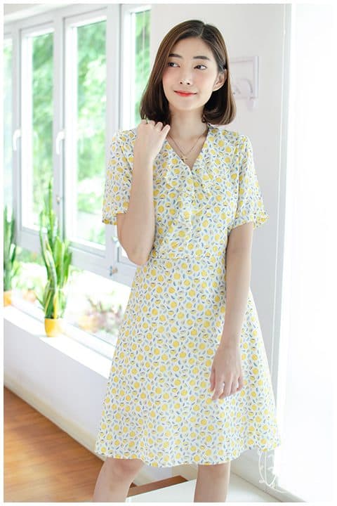ND163 Ruffle Collar Lemon Dress – White