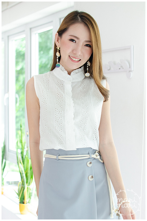 NT1363 Frill Cotton Sleeveless Shirt – White