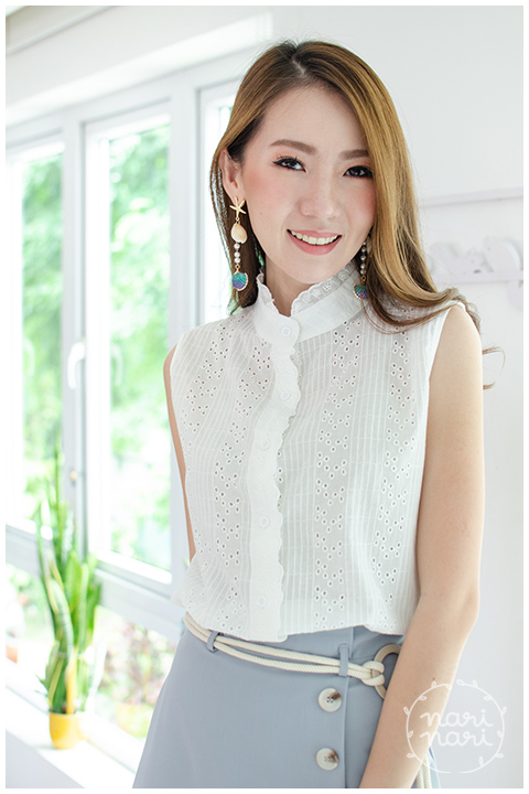 NT1363 Frill Cotton Sleeveless Shirt – White - Image 6