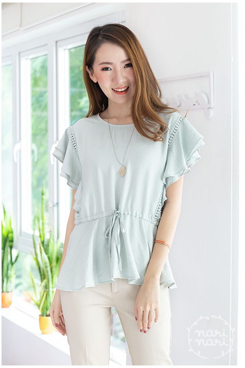 NT1431 Lace Drawstring Waist Blouse – Pale Green