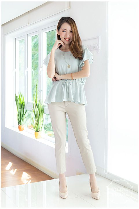 NT1431 Lace Drawstring Waist Blouse – Pale Green - Image 3