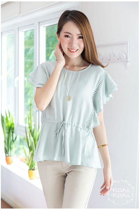 NT1431 Lace Drawstring Waist Blouse – Pale Green - Image 4