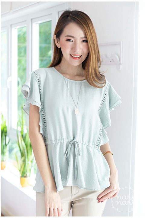 NT1431 Lace Drawstring Waist Blouse – Pale Green - Image 5