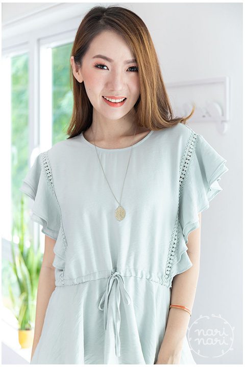 NT1431 Lace Drawstring Waist Blouse – Pale Green - Image 6