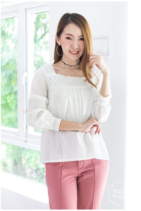 NT1436 Square Collar Perforated Cotton Blouse – White