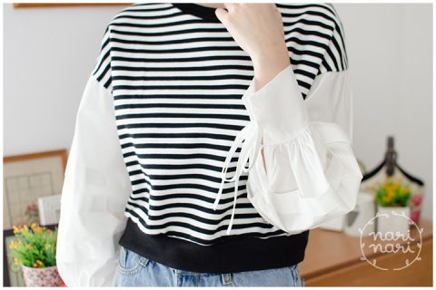 NT1434 Puff Sleeve Striped Crop Top – Black and White - Image 2