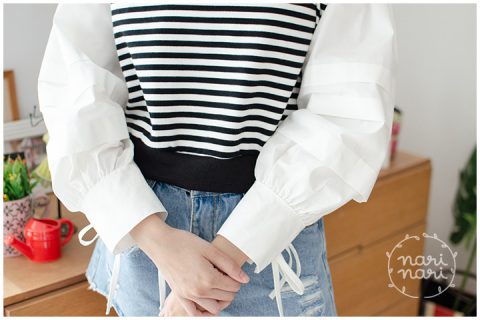 NT1434 Puff Sleeve Striped Crop Top – Black and White - Image 3