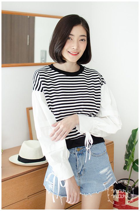 NT1434 Puff Sleeve Striped Crop Top – Black and White - Image 7