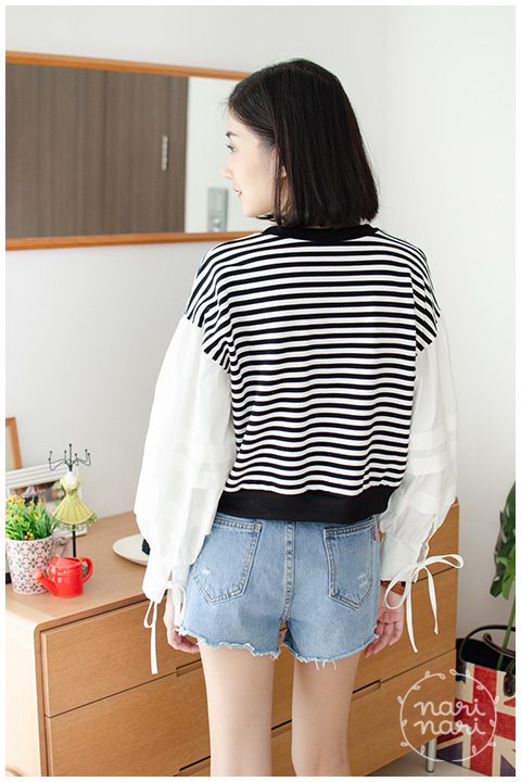 NT1434 Puff Sleeve Striped Crop Top – Black and White - Image 9