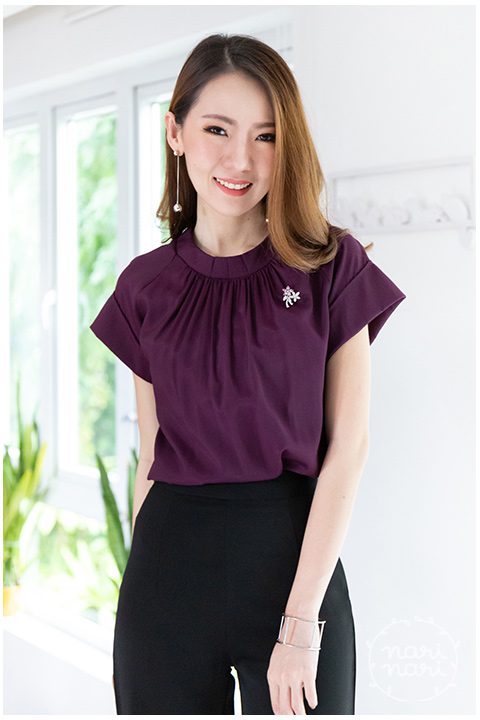 NT1465 Band Collar Slope Shoulder Blouse – Plum