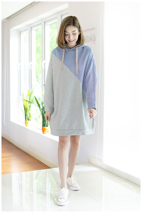 ND202 Slope Striped Hoodie Dress – Grey - Image 4