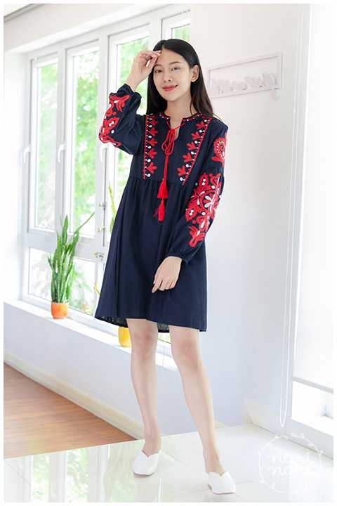 ND222 Tassel Embroidery Boho Dress – Navy