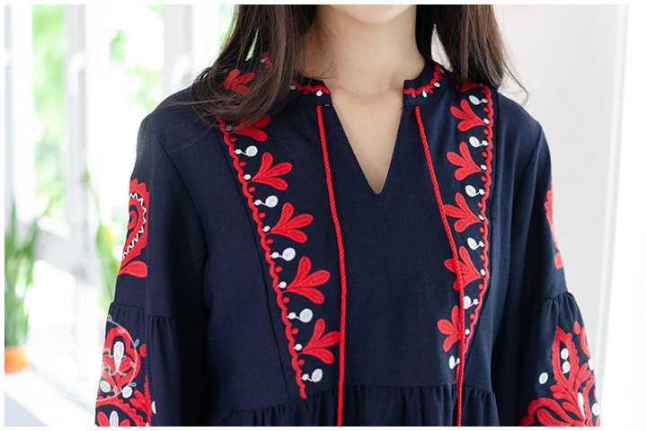 ND222 Tassel Embroidery Boho Dress – Navy - Image 2