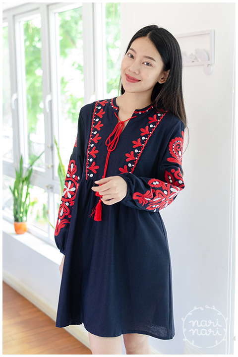 ND222 Tassel Embroidery Boho Dress – Navy - Image 4