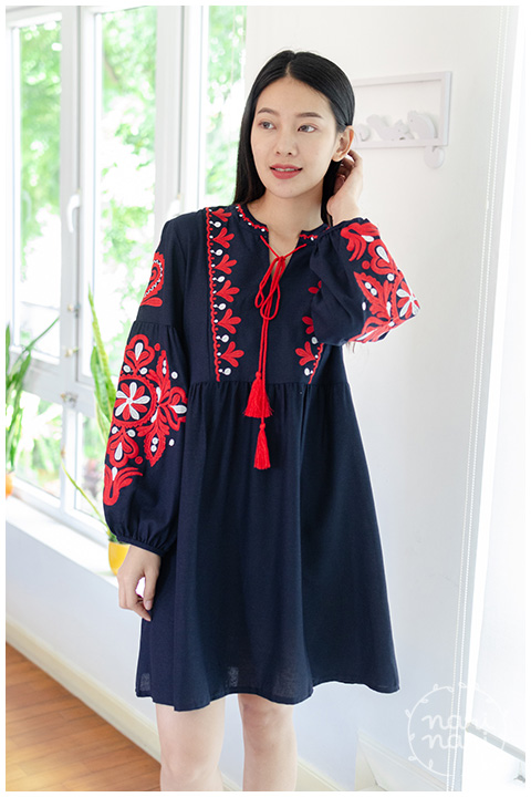 ND222 Tassel Embroidery Boho Dress – Navy - Image 5