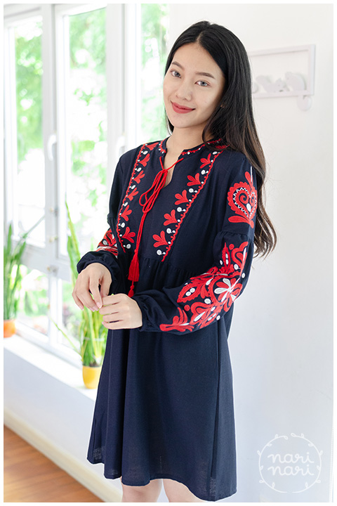 ND222 Tassel Embroidery Boho Dress – Navy - Image 6