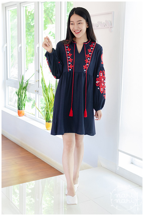 ND222 Tassel Embroidery Boho Dress – Navy - Image 7