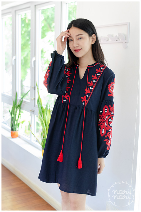ND222 Tassel Embroidery Boho Dress – Navy - Image 8