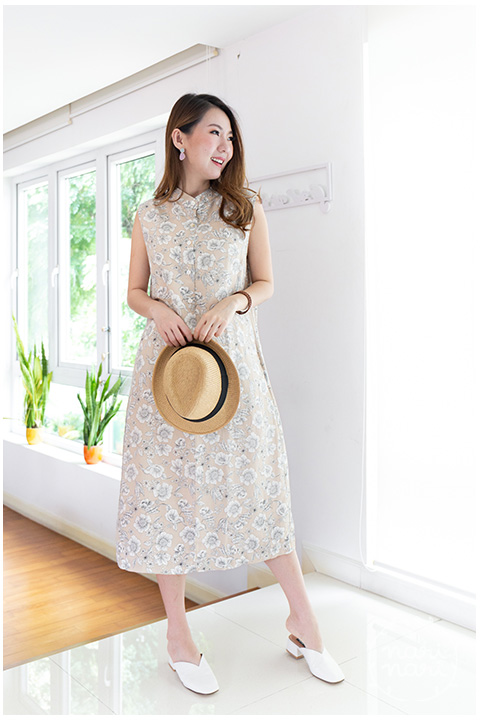 ND225 Flower Sleeveless Cotton Dress – Cream - Image 3