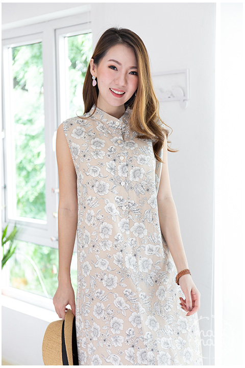 ND225 Flower Sleeveless Cotton Dress – Cream - Image 5