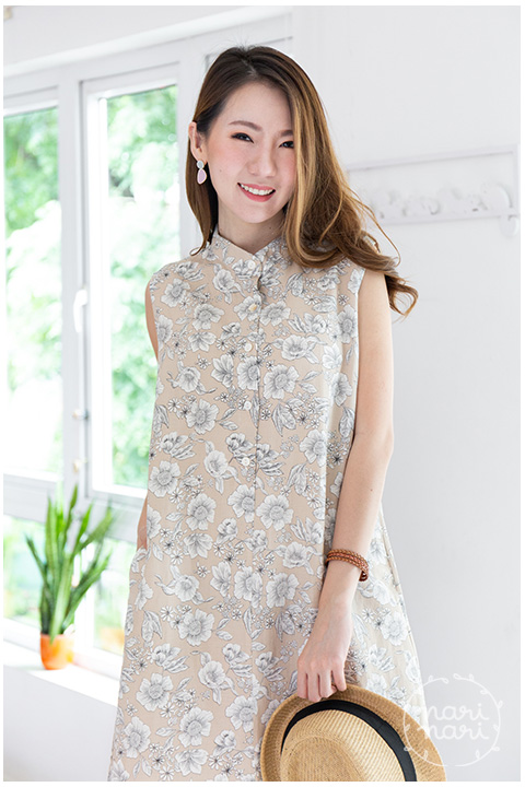 ND225 Flower Sleeveless Cotton Dress – Cream - Image 6