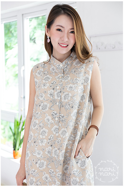 ND225 Flower Sleeveless Cotton Dress – Cream - Image 7
