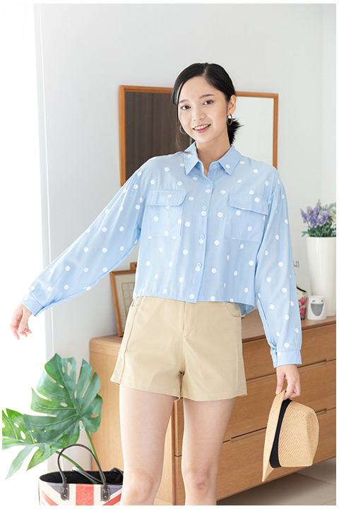 NT1886 Long Sleeve Dot Crop Top – Light Blue