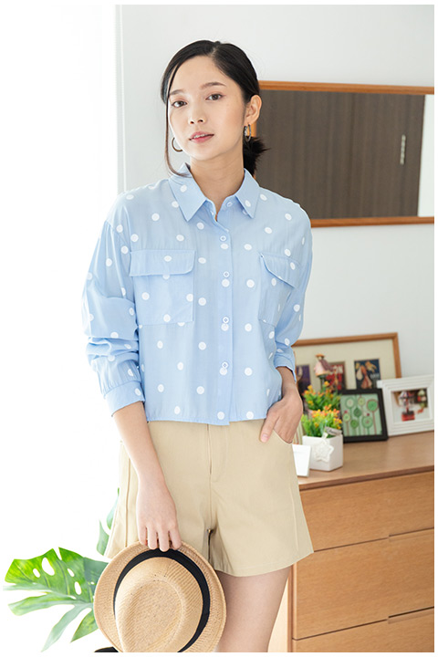 NT1886 Long Sleeve Dot Crop Top – Light Blue - Image 6