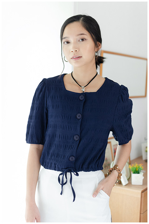 NT1849 Waist String Crop Blouse – Navy