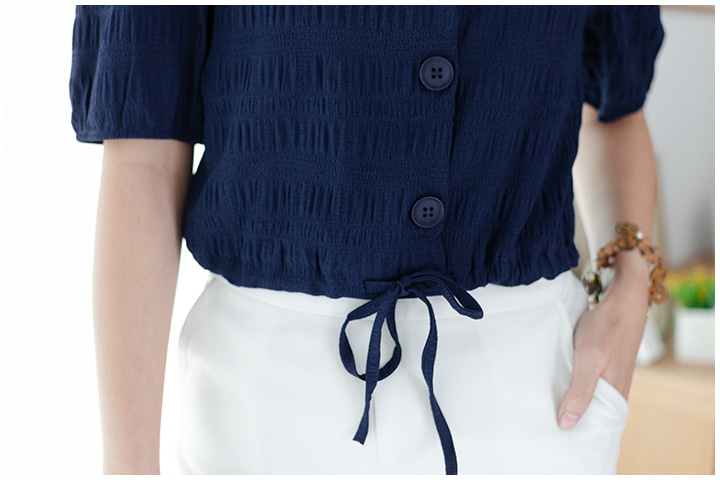 NT1849 Waist String Crop Blouse – Navy - Image 3