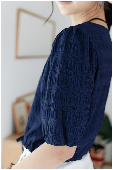 NT1849 Waist String Crop Blouse – Navy - Image 4