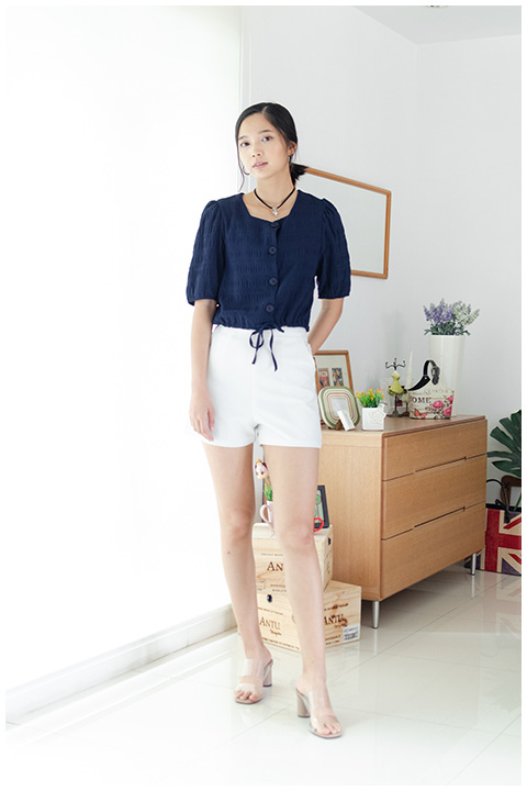 NT1849 Waist String Crop Blouse – Navy - Image 5