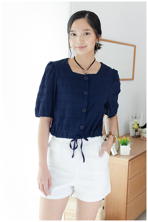 NT1849 Waist String Crop Blouse – Navy - Image 6
