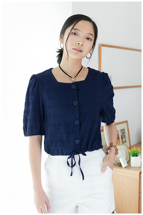 NT1849 Waist String Crop Blouse – Navy - Image 7