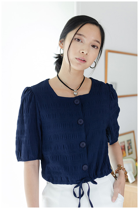 NT1849 Waist String Crop Blouse – Navy - Image 8