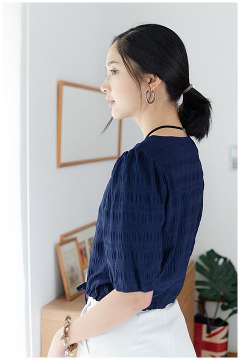 NT1849 Waist String Crop Blouse – Navy - Image 9