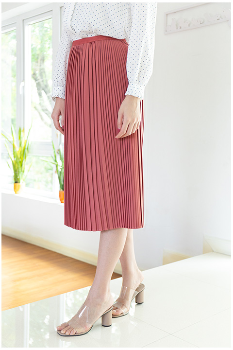 NK083 Solid Pleated Skirt – Red Lime - Image 2