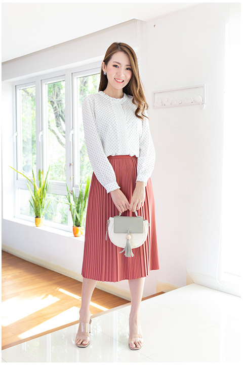 NK083 Solid Pleated Skirt – Red Lime - Image 4