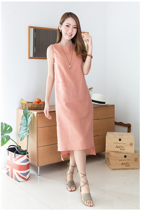 ND268 Side Button Linen Dress – Coral