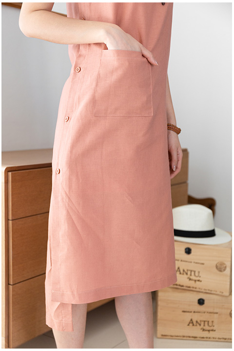 ND268 Side Button Linen Dress – Coral - Image 2