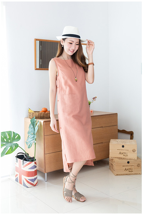 ND268 Side Button Linen Dress – Coral - Image 5