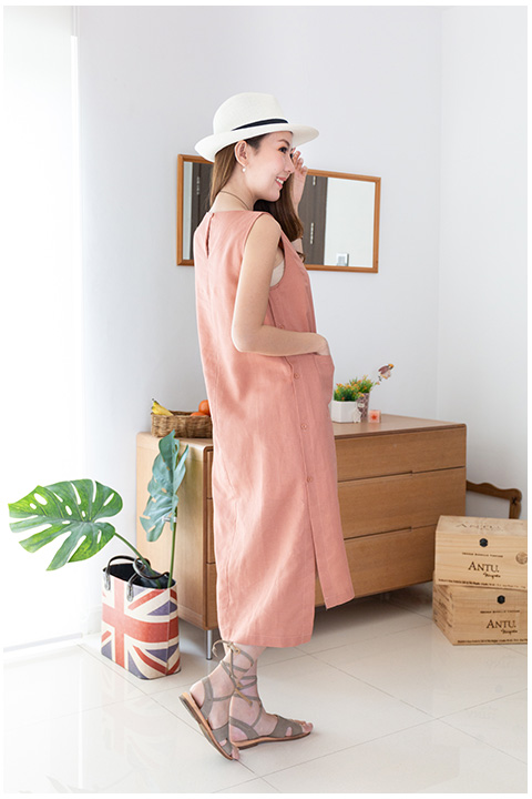 ND268 Side Button Linen Dress – Coral - Image 9